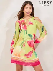 Lipsy Green Floral Cold Shoulder Mini Shift Dress (W37536) | $150