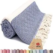 Bazaar Anatolia Turkish Beach Towel 100% Cotton Bath Towels Oversized Fast Dry Boho Farmhouse Decor Sheets Bathroom Towels Sand Free Camping Blanket Royal Navy 71x39 inches - Diamond Dark Blue