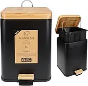 Eco Basics Square Rubbish Bin 6L, Black – Eco-Friendly Waste Bin with Recycled Plastic, Bamboo Lid & Pedal, Soft Close, Compact Design for Toilets, Kitchens, Living Rooms & Small Spaces, 30x26x20cm