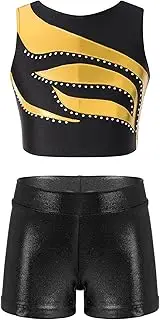 [TiaoBug] Girls 2pcs Dance Outfit Shiny Rhinestone Crop Top with Shorts Clothing Sets for Sport Gymnastic Dancing