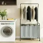 Laundry Hamper Sorter with Hanging Bar: 4 Section Rolling Laundry Basket Orga...