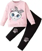 QHKEPW Girls Outfits Set Kids Clothes Cat Rainbow Love Heart Toddler Clothing Long Sleeve Sweatshirt T-Shirt Tops Leggings Trousers Round Neck 1-9 Years Old