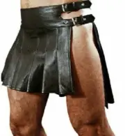 Men's Heavy Duty Gladiator Real Cow Black Leather Roman Tactical Pleated Kilt