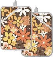 Pot Holders Kitchen Yellow Brown Vintage Flower Boho Potholders for Kitchens with Pocket Hot Pads Pot Holders Oven Mitts 2 Pack