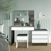 Luxsuite Dressing Table Set with Mirror Makeup Table Vanity Desk with 5 Drawers Storage & Dresser Stool Wooden Bedroom Furniture Grey