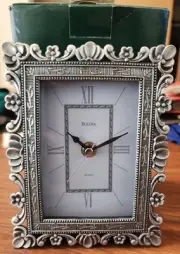 Bulova Quartz Silver Colored Frame Desk Top Mantle Clock New In Box