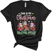 [Generic] This is My Christmas Pajama Shirt, Cute Plaid Three Santa Playing Guitar, Guitarist Player Group Unisex T-Shirt