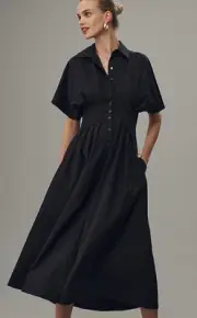 Exquise Anthropologie Shirt Dress Black Tobie Button Front Pleated Size XS NWT