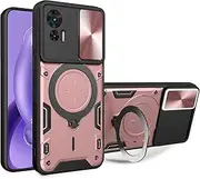 [XBS-Better] Hybrid Heavy Duty Bumper Cover with Slide Camera Lens Cover with Built-in 360° Flexible Rotate Holder Magnetic Plate Kickstand Case for Motorola Edge 30 Neo/30 Lite-Rose Gold