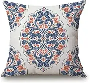Orange Pillow Cover,Blue Orange Ornamental Pattern Vintage Paisley Cotton Linen Square Cushion Cover Standard Pillowcase for Men Women Home Decorative Sofa Armchair Bedroom Livingroom 18 x 18 inch