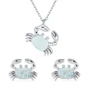 Nautical White Opal Crab Stud Earrings and Pendant Necklace Set Sterling Silver