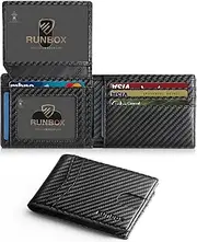 [RUNBOX] Wallet for Men Slim Rfid Leather 2 ID Window With Gift Box, Carbon Black-15 slots, M, Minimalist