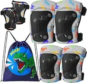FIODAY Knee Pads for Kids Dinosaur Knee Elbow Pads Wrist Guards with Drawstring Bag Adjustable 7 in 1 Protective Gear Set for Boys Inline Skating Bike Cycling Skateboard Scooter, 3-8 Years, Gray