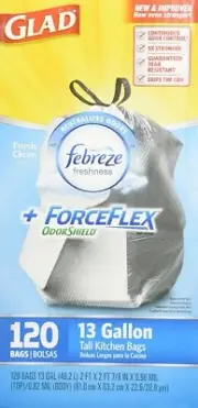 Glad Force flex Odor shield Drawstring Kitchen Trash Bags 13 Gallon, Fresh Clean