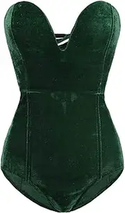 [Clothink] Women Burgundy Bandeau Back Lace up Velvet Bodysuit