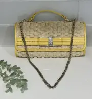 VTG BRIGHTON Straw Bag Yellow Leather Lined Purse Top Handle Flap Raffia Chain