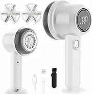 Fabric Shaver, Rechargeable Lint Remover, Portable Electric Sweater Defuzzer with 3 Speeds, 6 Leaf Blades, Digital LED Display to Remove Pilling for Clothes, Furniture, Sofa, Sweater, Blanket White