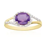 9ct Yellow Gold Oval & Round Brilliant Cut Amethyst & Diamond Set Ring