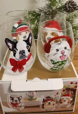 PIER 1 Holiday Christmas Dogs Stemless Wine Glass Set Of 4 NEW in Box