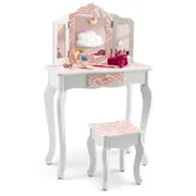 Costway 2 in 1 Dressing Table Chair Set Vanity Desk Mirror Makeup Desk PrincessPink