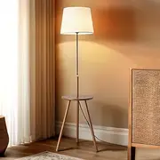 Krear Floor Lamp with Table, Tripod Wooden Lamp for Study Living Room, Foot Switch Standing Light Coffee Table Tall Lamp Cherry Wood Colour