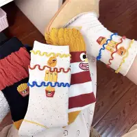 在飛比找蝦皮商城優惠-韓國漢堡薯條中筒襪子女搞怪可愛條紋卡通塗鴉襪純棉堆堆襪