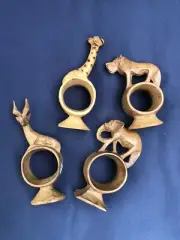 African Hand Carved Wooden Napkin Rings Set Of 4 Giraffe Lion Elephant Antelope