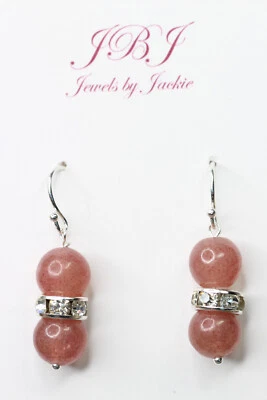 Strawberry Quartz 8mm Ball Gemstone & Rhinestone .925 Sterling Silver Earrings