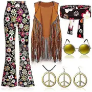 Unbrand Womens 70s Hippy Party Vintage Costume Ladies Halloween 70s Hippy Fringed Vest Pants Headband Glasses Necklace Earrings Set L