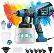 [Bonoutil] Electric Paint Sprayer Gun 1400ml High Power 3 Spray Patterns 5 Nozzles Adjustable Flow HVLP Paint Sprayer for House Painting Furniture Varnish Latex Paint (Blue)