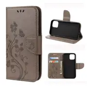 For iPhone 12 / 12 Pro Case, Butterfly Flower Folio PU Leather Case, Card Slots, Wallet, Grey
