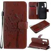 For Motorola One Fusion+ Tree & Cat Pattern Pressed Printing Horizontal Flip PU Leather Case with Holder & Card Slots & Wallet & Lanyard
