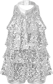 [Riismen] Kids Girls Shiny Sequins Halter Dance Leotard Dress Latin Jazz Samba Rumba Dance Costume Dancewear