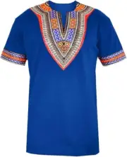 Makkrom Mens African Dashiki Blue T-Shirt Tribal Floral Print Sz Medium