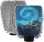 XYMZR Absorbent Microfiber Car Wash Mitt Castle Starry Night, Funny Cute Anime Scratch Free for Cars Cleaning, Home Cleaning Mitts, 2 Pack, 10.24” L x 7.09” W