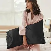 QIYUE Satin Silk Pillowcases x2 Pack Queen Size Pillow Cases Set of 2, Super Soft and Cooling Pillow Case with Zipper/EnvelopeClosure (Black, Queen (U.S. Standard)-Envelope)