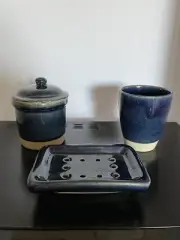 Dark blue pottery bath set, soap dish, cup & covered jar Thailand new