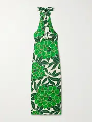 [Cara Cara] Cara Cara - Perla Printed Linen Halterneck Midi Dress - Green - US6 US 6 Green