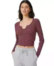 Cotton:On Women's Willa Waffle Long Sleeve Top Chloe Stripe Deep Garnet Size S