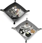 [2 Set] Lolalet Leather Valet Tray, Foldable Desk Organizer Storage Catchall Bowl for Key Coin Phone Watch Wallet EDC for Nightstand Entryway–Dark/Light Grey