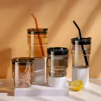 在飛比找樂天市場購物網優惠-450ml 咖啡玻璃杯 杯蓋 吸管 杯套 咖啡杯 水杯 水壺