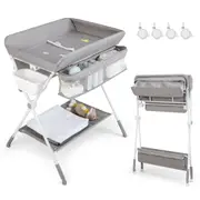 Babyjoy Folding Baby Changing Tables Nursery Diaper Changing Station w/Water Basin & Wheels Grey