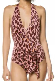 Stella McCartney L61350 Leopard Print Halter Tie Front One-Piece Size Large