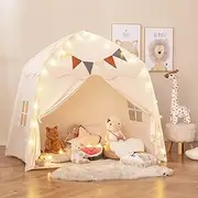 HONEY JOY Large Kids Tent, Indoor Outdoor Dome Tent Playhouse w/Bright Lights, Flags, 2 Doors, 2 Windows, Machine Washable Teepee Tent for Toddlers, Kids Play Tent for Kids Aged 3 + Years Old, Beige