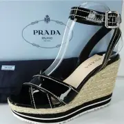Prada Patent Ankle Strap Platform Espadrille Wedge Sandals SZ 40 10 NIB $850