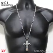 30"MEN's Stainless Steel 6mm Silver Cuban Curb Link Chain CZ Cross Pendant*PL5