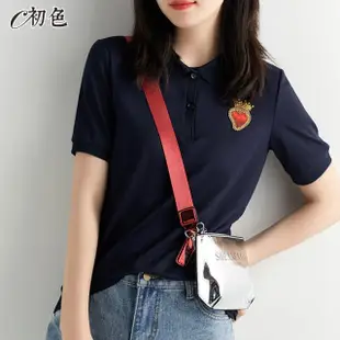 【初色】愛心刺繡貼布POLO衫上衣女上衣-藏青色-99021(M-2XL可選)