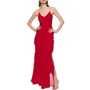 Nevenka Womens Cami Long Dress Backless Mesh Ruffle Trim Split Dress-Red