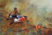 Bullfinches and Pyrus Japonica Tile Mural Kitchen Bathroom Backsplash 25.5x17