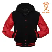 Lettermen Bomber Baseball Black Wool Hoodie Varsity Jacket Red Leather Sleeves